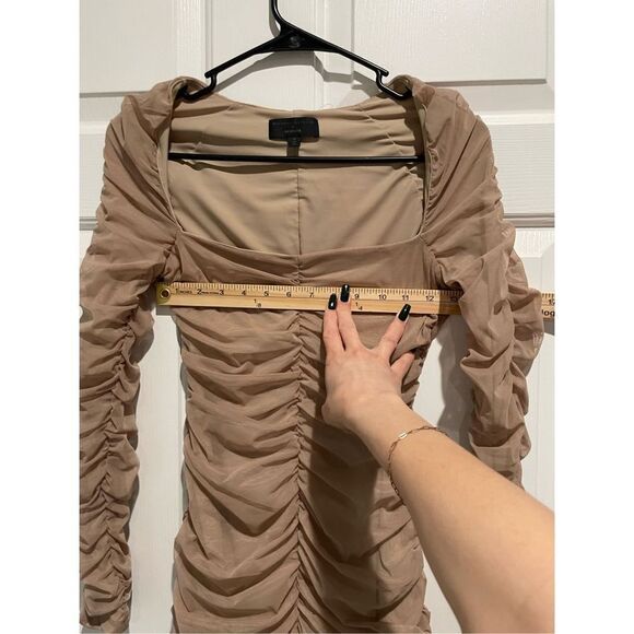 NWOT Michael Costello x REVOLVE Franky Mini Ruched Long Sleeve Nude Dress Medium - Picture 8 of 13